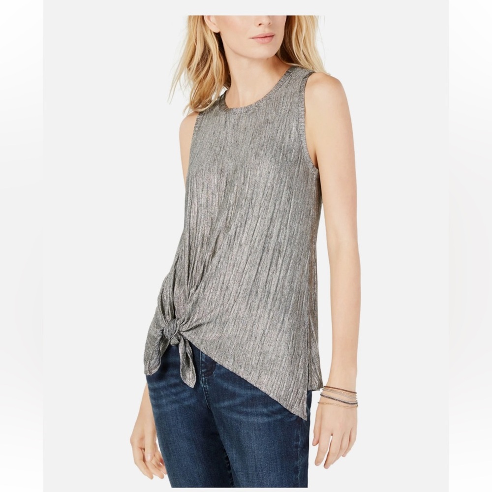 I.N.C Women's Crinkle Pullover Metallic Silver Sleeveless Blouse Size M
